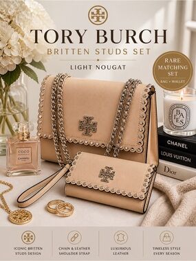 Tory Burch Britten Studs Set Light Nougat Bag + Wallet RARE Matching‎ Set